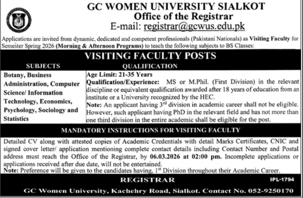 GC Women University Sialkot Jobs 2026