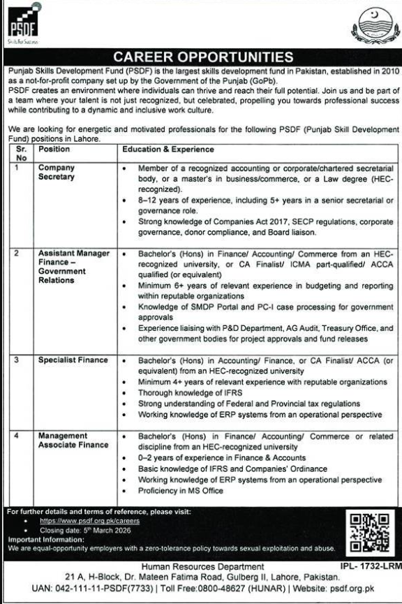 Punjab Skills Development Fund PSDF Lahore Jobs 2026